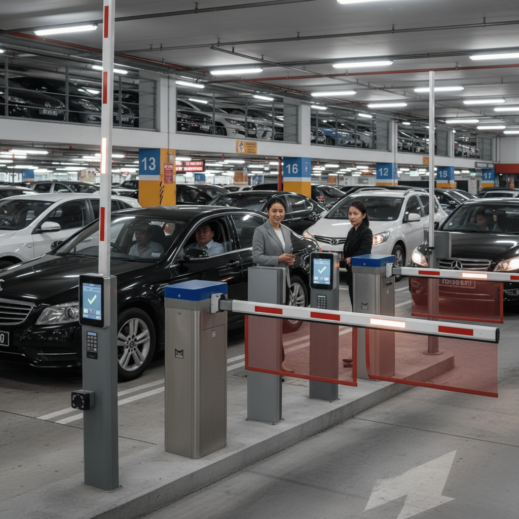 Automatic Barriers Singapore 2025: Boosting Security & Efficiency Modern automatic barrier gate system installed in a busy Singapore multi-storey carpark, illustrating heavy traffic flow and advanced access control technology integrated with CCTV cameras.