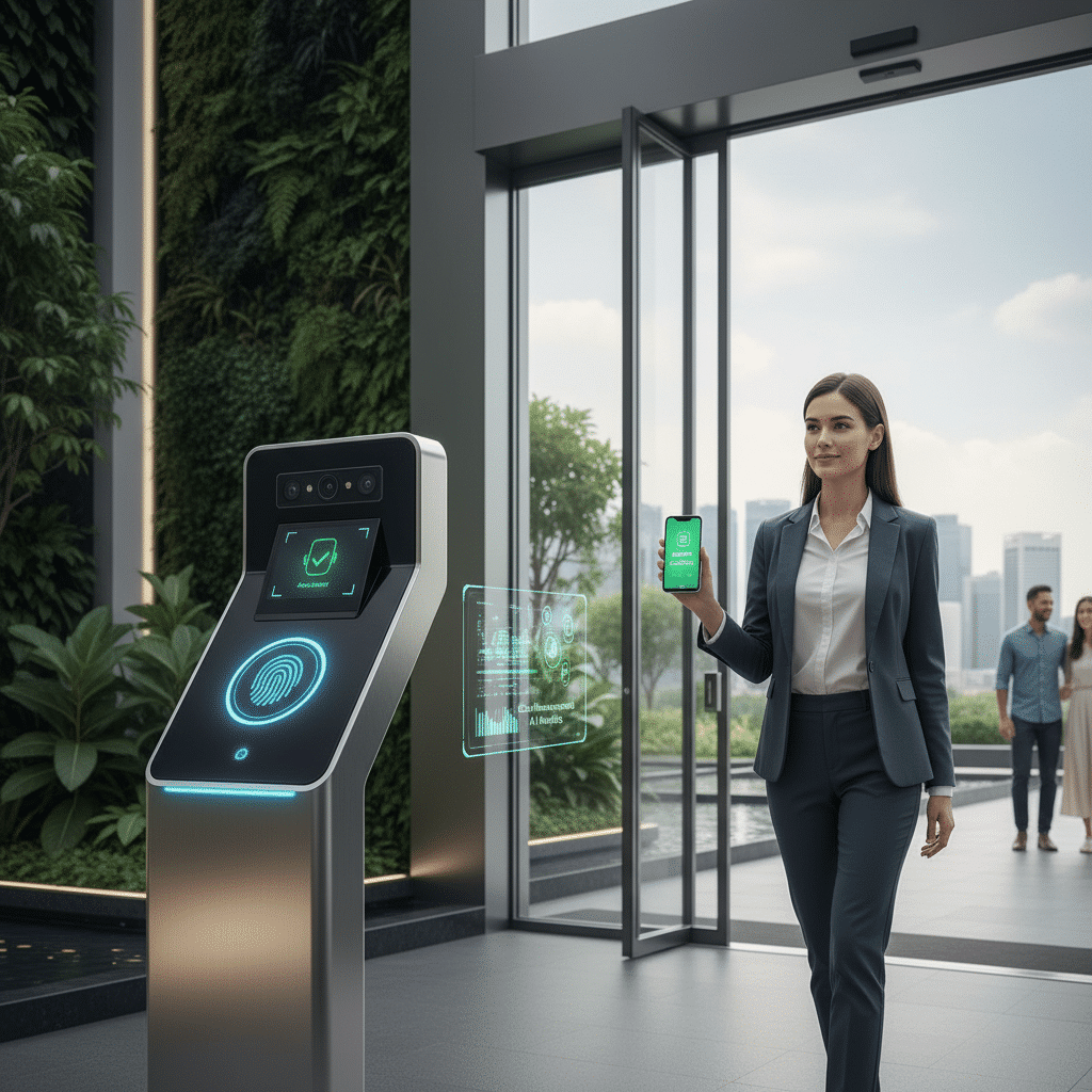 Smart Access Control Systems Singapore 2025 Illustration of a modern smart access control system integrating biometric authentication (facial recognition, fingerprint scanning), mobile credentials, cloud management, and AI analytics in a sleek, futuristic Singapore property setting.