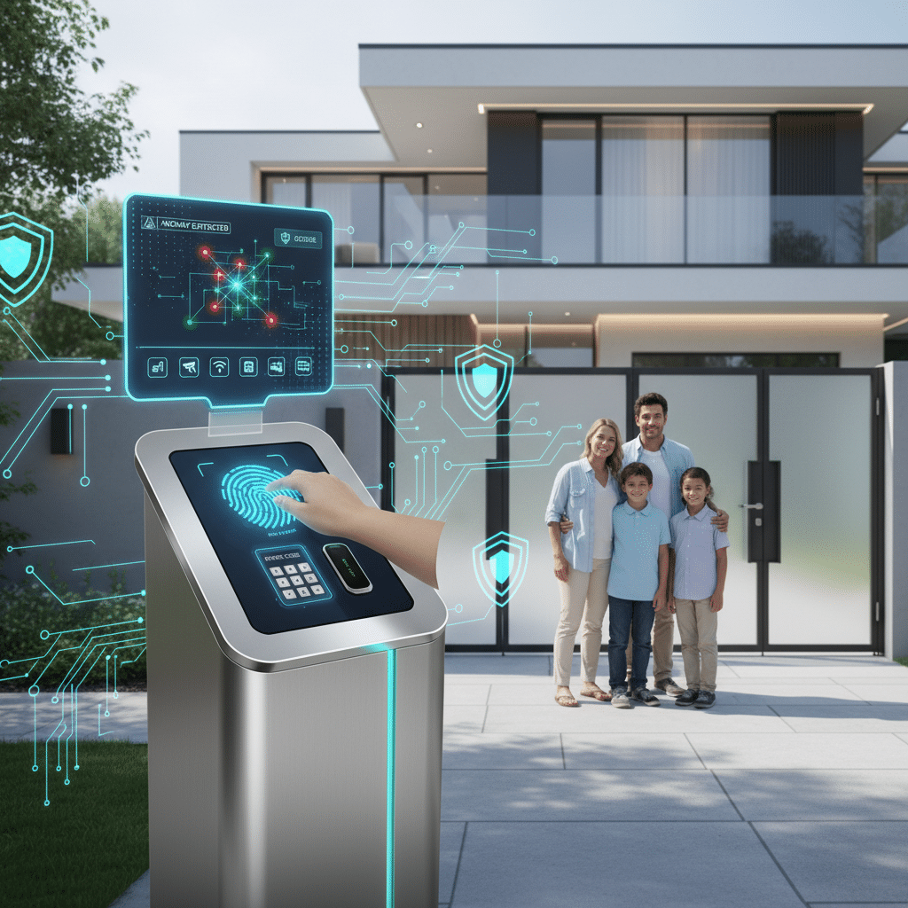 Smart Access Control Standards Singapore 2025 An illustration of a modern smart access control system featuring multifactor authentication methods such as biometrics, secure tokens, and PIN input, integrated with AI-based anomaly detection and IoT devices, set against a backdrop of a secure property with digital locks and cyber security elements.