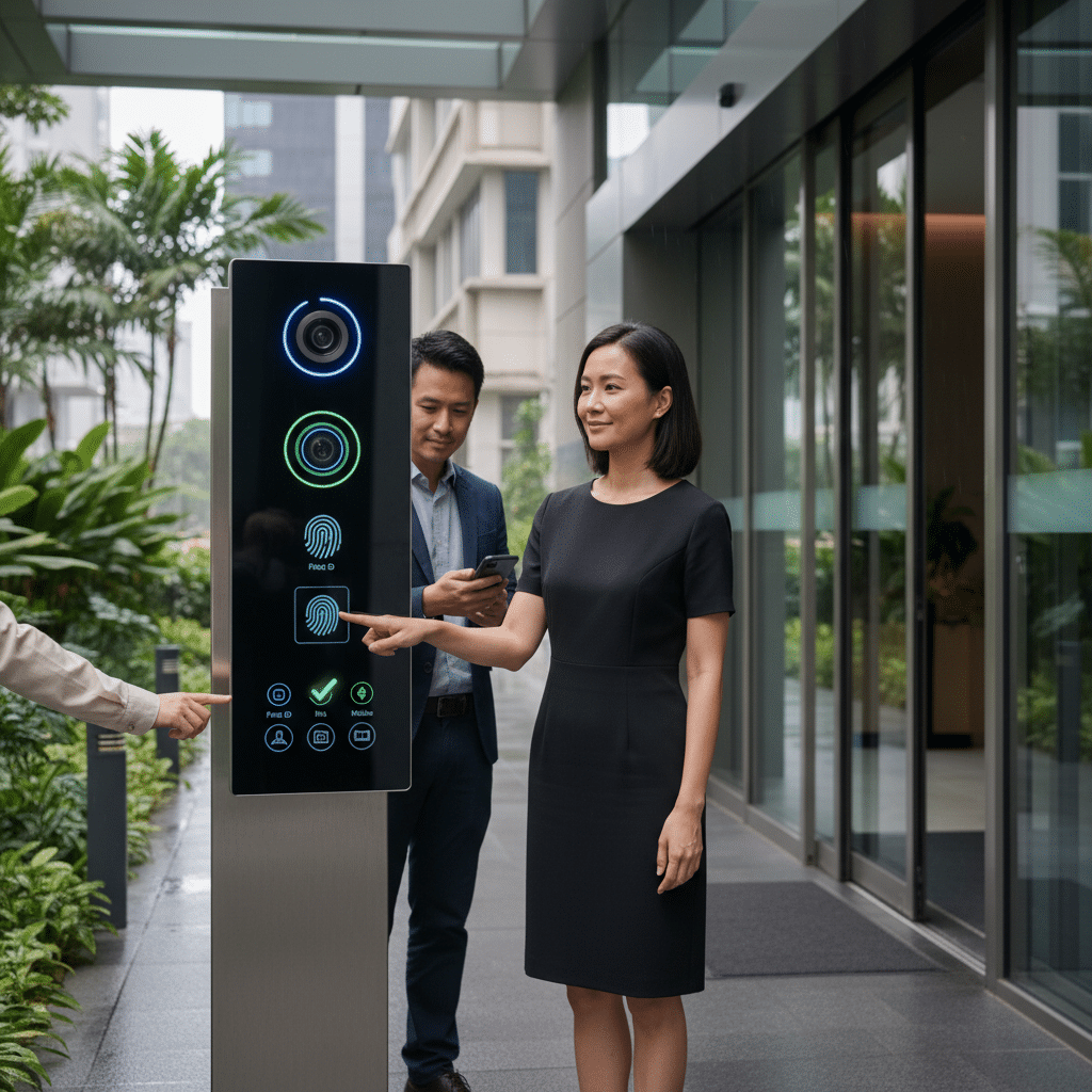 Automatic Access Control Systems in Singapore 2025 Multi-factor biometric authentication setup showcasing contactless facial recognition, fingerprint and iris scanning, and mobile credentials being used in a sleek, high-tech access control terminal under humid Singapore conditions