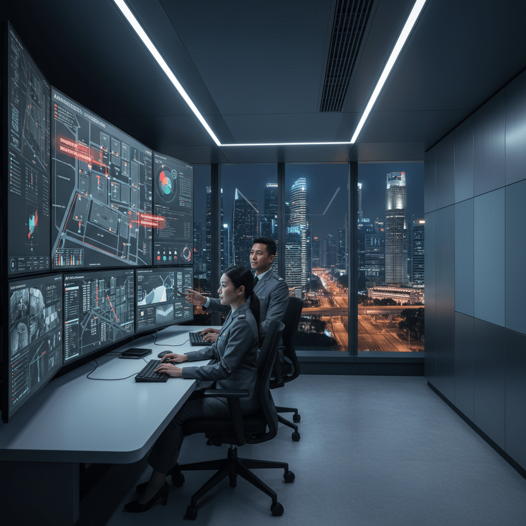 Automatic Access Control Systems in Singapore 2025 AI-driven analytics and predictive threat detection system monitoring access points with dynamic threat alerts in a modern Singapore smart building environment
