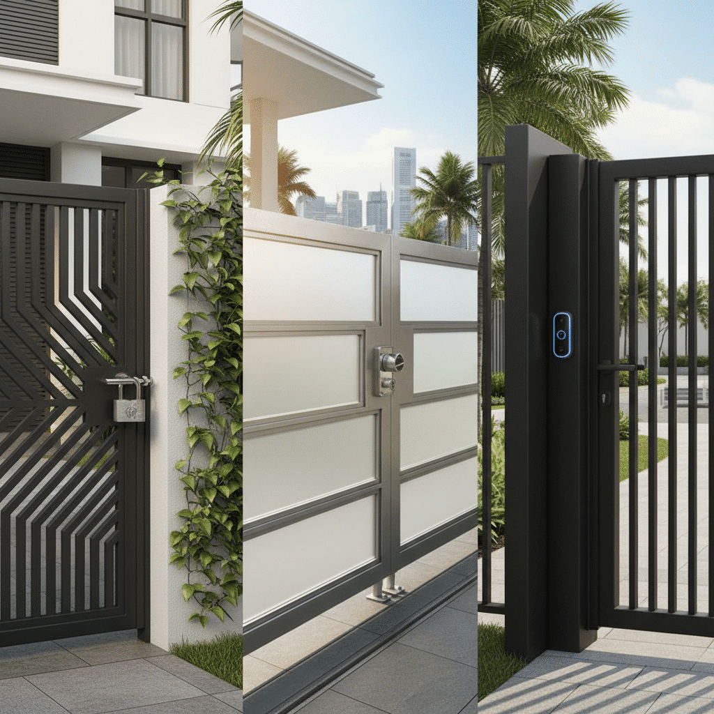 Metal Gate with Lock: Complete Guide & Costs in Singapore 2025 A selection of different types of metal gates with locks including hinged gate with padlock, sliding gate with deadbolt lock, and automated metal gate with smart lock, displayed in a modern Singaporean residential setting.